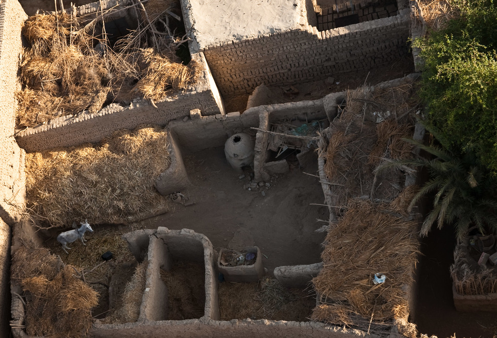 The view from above of a courtyard in Luxor, Egypt