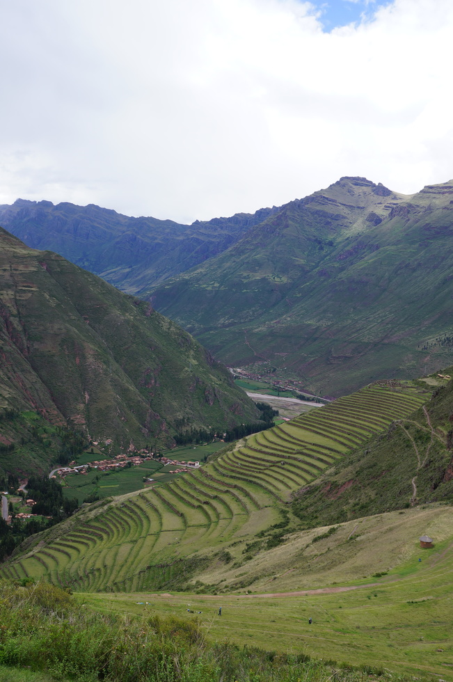 Looking down at ruins in the Sacred Valley of the Incas in Peru