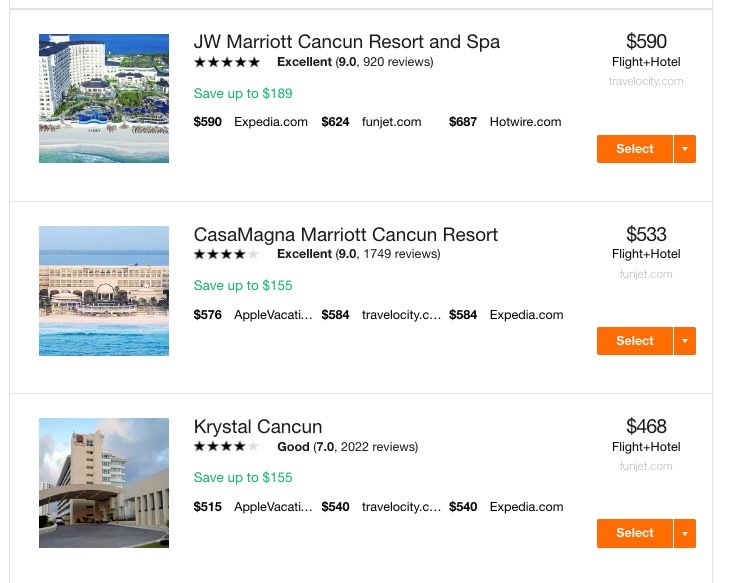 Sampling of flight + hotel packages listed at Kayak