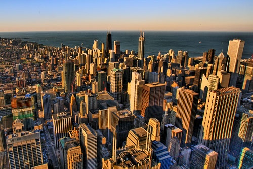 View of Chicago's skyline from the Willis Tower (formerly the Sears Tower).