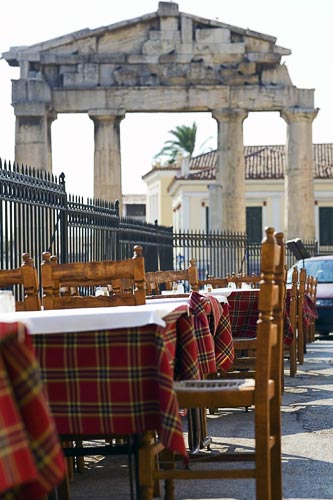 Cafe with plaid tables in Roman Agora, Athens