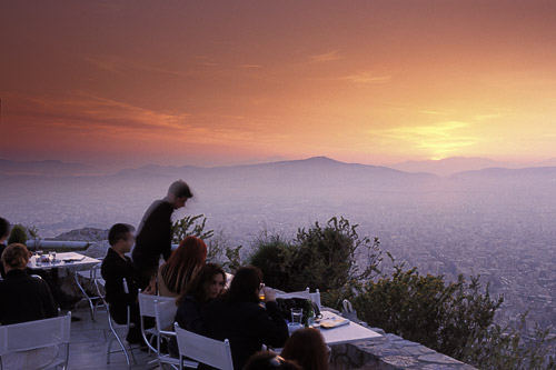 Lounging in cafe atop Lycabettus Hill, Athens