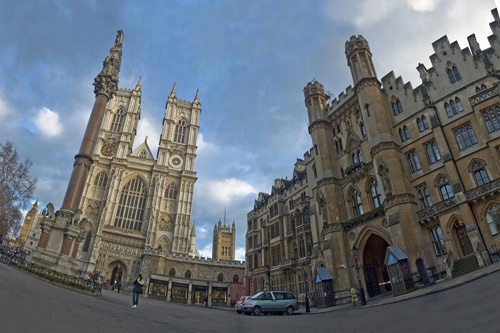 The Great West Door and Towers of Westminster Abbey, as seen in fisheye view from Tothill Street, London.