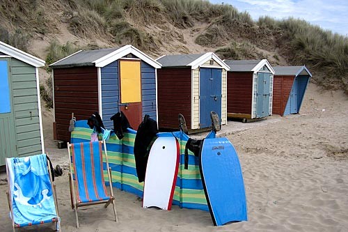 Beach huts on Sauton Sands on the North Devon coast.