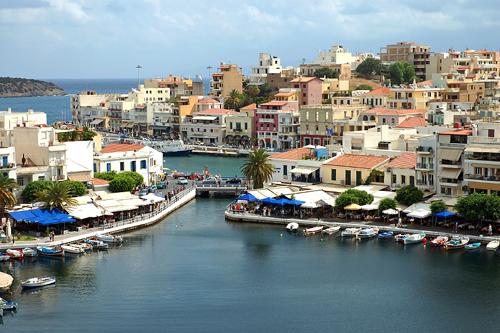 Panorama of Agios Nikolaos (or Ayios, Aghios) town in Crete, Greece