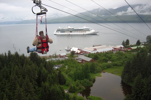 Flying through the air uninhibited with one cruise ship docked off shore at Icy Strait Point, Alaska. Photo courtesy of Icy Strait Point.