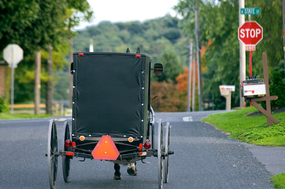 An Amish horse & buggy travels through Lancaster County